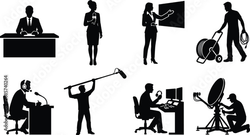 Cuadro en lienzo Television broadcast and news crew silhouettes set including news anchor reporte