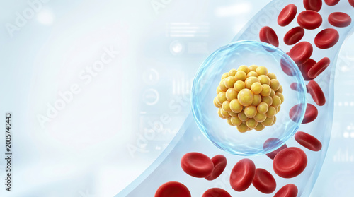 Cholesterol biosynthesis blood red blood cell artery lipid 3d render medical science molecule Cholesterol biosynthesis concept with blood red blood cell artery and lipid molecule medical science