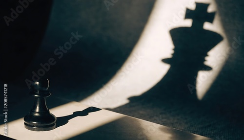 Black chess pawn casting a large king shadow on a dark background