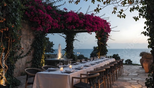 Long dining table set for dinner on a terrace with ocean view and blooming flowers