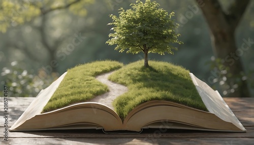 Open book with green grass and small tree growing out of the pages