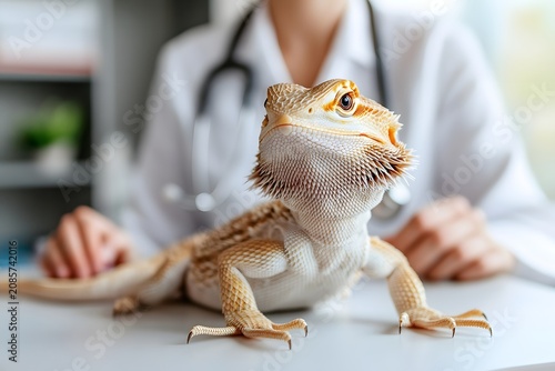Bearded dragon lizard at the vet clinic, exotic animal vector word for medical checkup