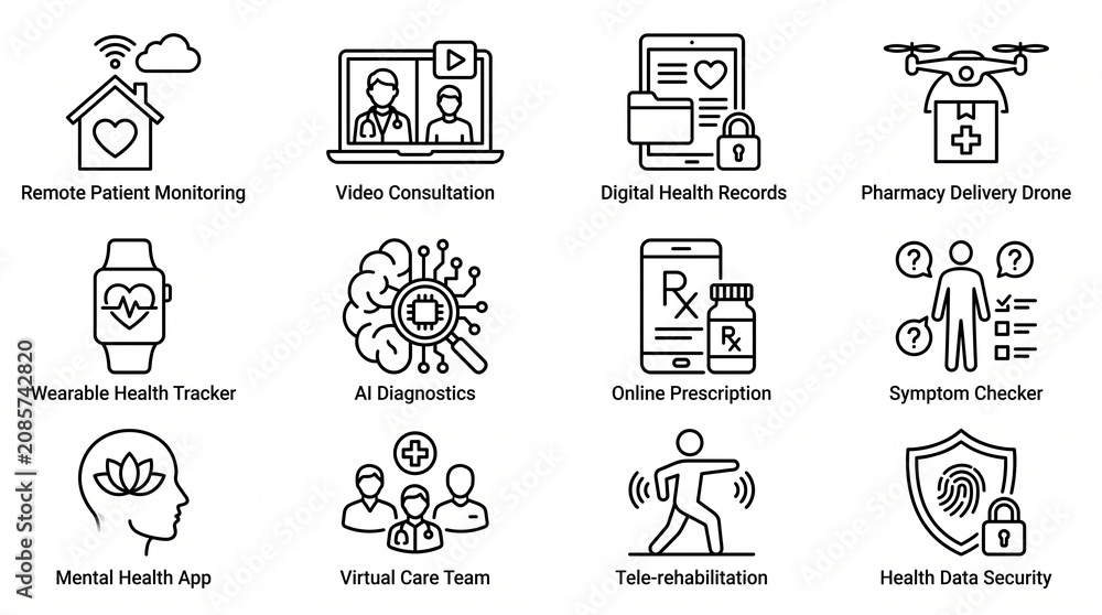Fototapeta premium Telemedicine and Virtual Healthcare Outline Icon Set with Remote Monitoring and Digital Health