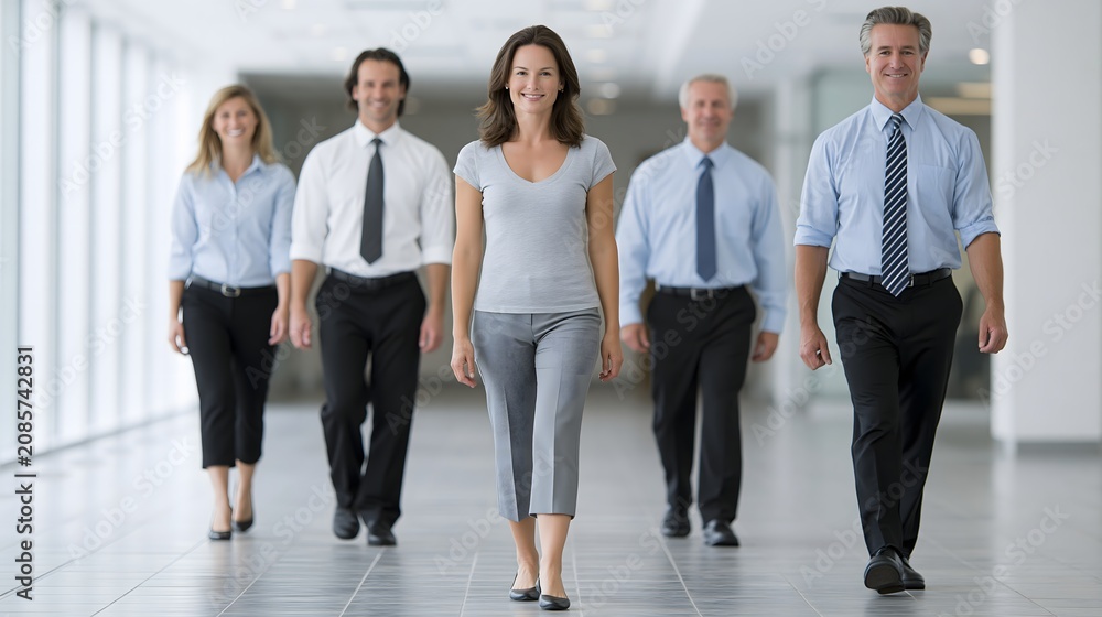 Fototapeta premium Healthy office lifestyle featuring business professionals performing stretching exercises during work break, corporate wellness campaign, photorealistic commercial image