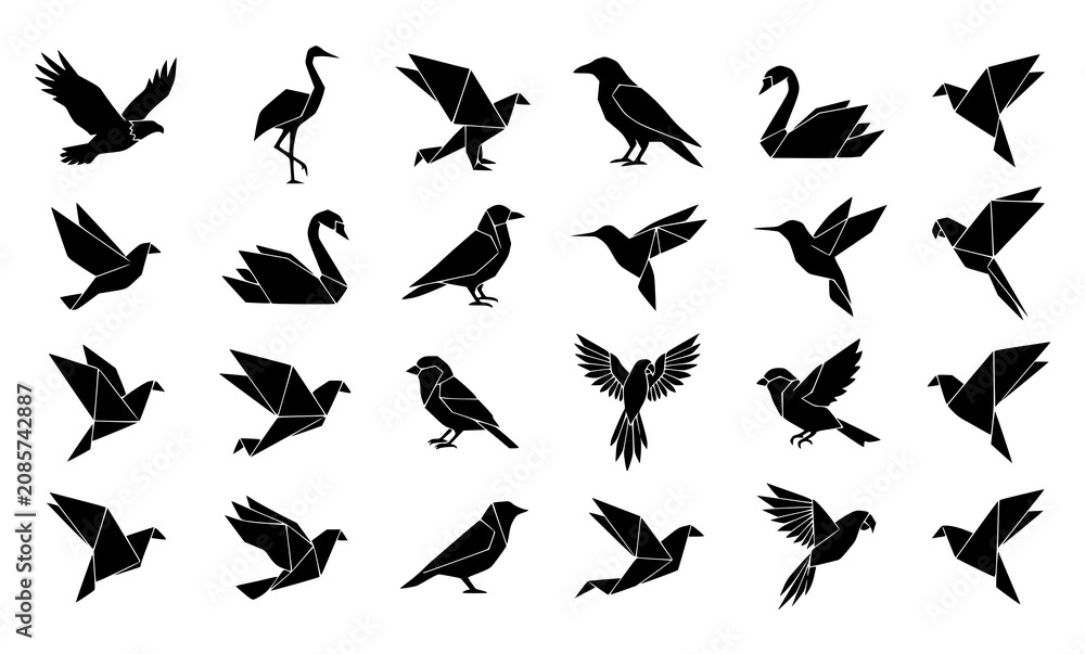 Fototapeta premium Low Poly Origami Bird Silhouette Black Geometric Vector Illustration Set