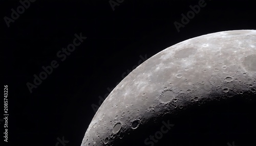Close up view of the half moon surface with craters in the dark night sky