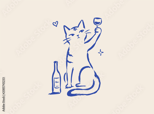 Funny cat drinking wine doodle vector illustration with bottle glass and playful hand drawn blue line art