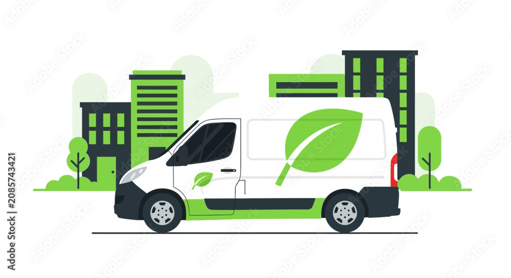 Fototapeta premium Eco-Friendly Electric Delivery Van with Green Leaf Graphics Driving in a Sustainable City for Green Logistics and Carbon Neutral Shipping Concept