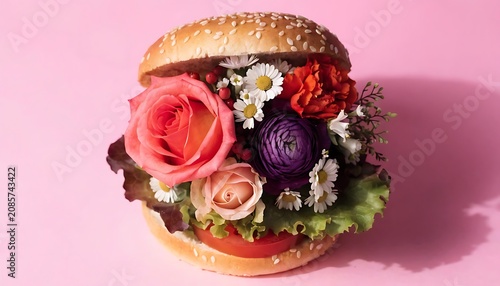 A creative burger bun filled with fresh colorful flowers on a light pink background