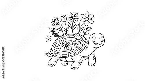Foto Happy Turtle with Flowers on Shell - Cute Line Art Illustration