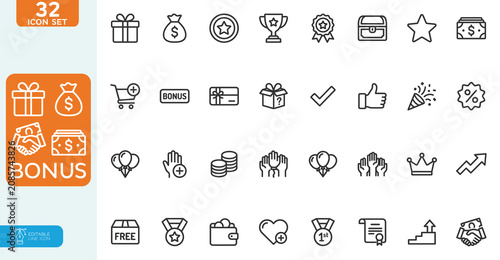 Bonus Vector illustration line editable Icons set. Benefit gift, exclusive reward, star VIP award, ticket. Simple line signs, loyalty premium membership program. on white background.