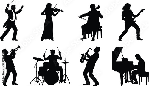 Musicians and orchestra performers silhouette icons set representing dynamic musical instruments and live concert players isolated on white