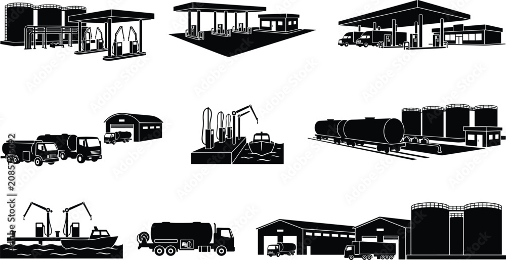Obraz premium Gas station and fuel distribution icon set with black silhouettes of oil depots tanker trucks and harbor terminals