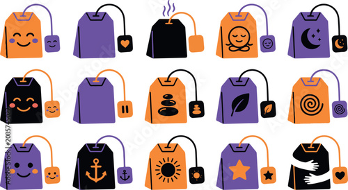 Foto Collection of tea bags with various designs and symbols