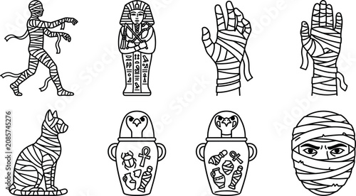 Bild auf Leinwand Egyptian Mummy Vector Icon Set Featuring Pharaoh Sarcophagus Wrapped Hands Baste