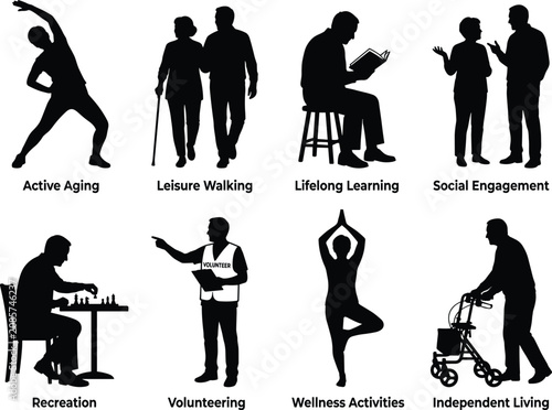 Senior citizens silhouettes set illustrating active aging lifelong learning wellness activities and independent living