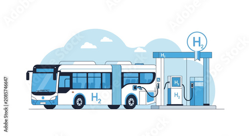 Hydrogen Fuel Cell Bus Refueling at H2 Station - Flat Vector Illustration of Sustainable Public Transportation and Clean Energy Technology for Green Urban Infrastructure