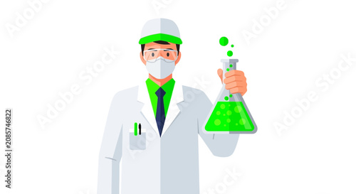 Flat Vector Illustration of a Male Scientist in a White Lab Coat and Protective Mask Holding a Flask with Bubbling Green Liquid for Chemical Research and Lab Safety Concept