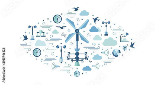 Abstract Wind Energy and Meteorology Infographic Design featuring Wind Turbine, Anemometer, and Weather Forecasting Icons