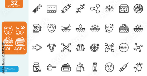 Collagen Vector illustration line editable Icons set. Hyaluronic acid molecule, vitamin C, skin care, elasticity, knee joint, beauty flat. on white background.