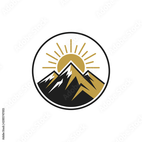 Circular mountain peak and sun rays emblem.