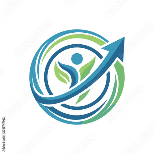 Eco person logo with green leaf and upward arrow