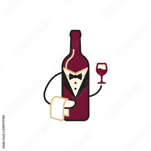 Cartoon wine waiter bottle with glass and service towel.
