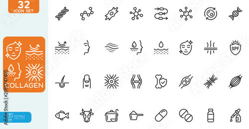 Collagen Vector illustration line editable Icons set. Hyaluronic acid molecule, vitamin C, skin care, elasticity, knee joint, beauty flat. on white background.