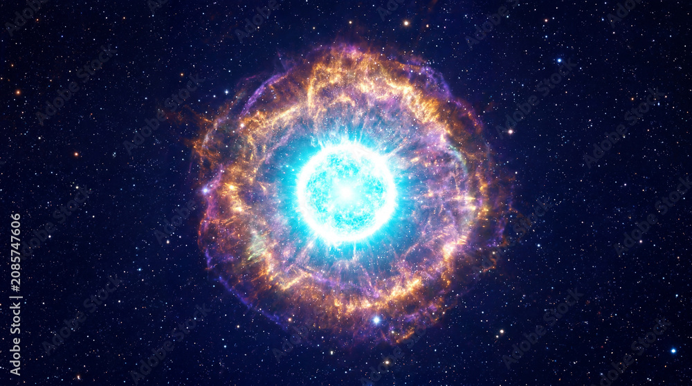 Obraz premium Astrophysics concept of an expanding supernova remnant nebula with a glowing bright white dwarf star core
