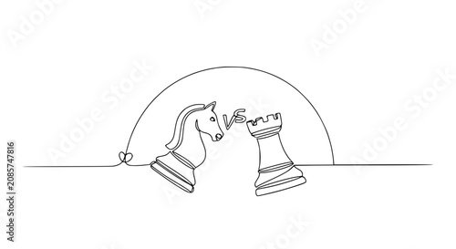 Fotografie Chess Knight vs Rook Single Line Drawing, Competition Concept