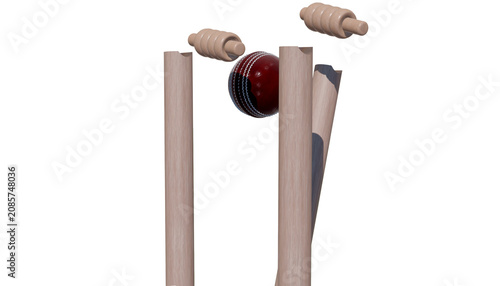 Obraz na płótnie A High‑Resolution Red Leather Cricket Ball Impact on Wooden Stumps and Bails