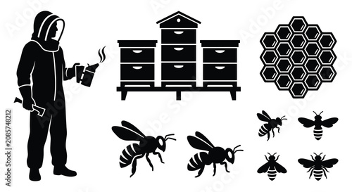 Quadro su tela Beekeeping Silhouette Collection With Honeycomb And Bees Black On White