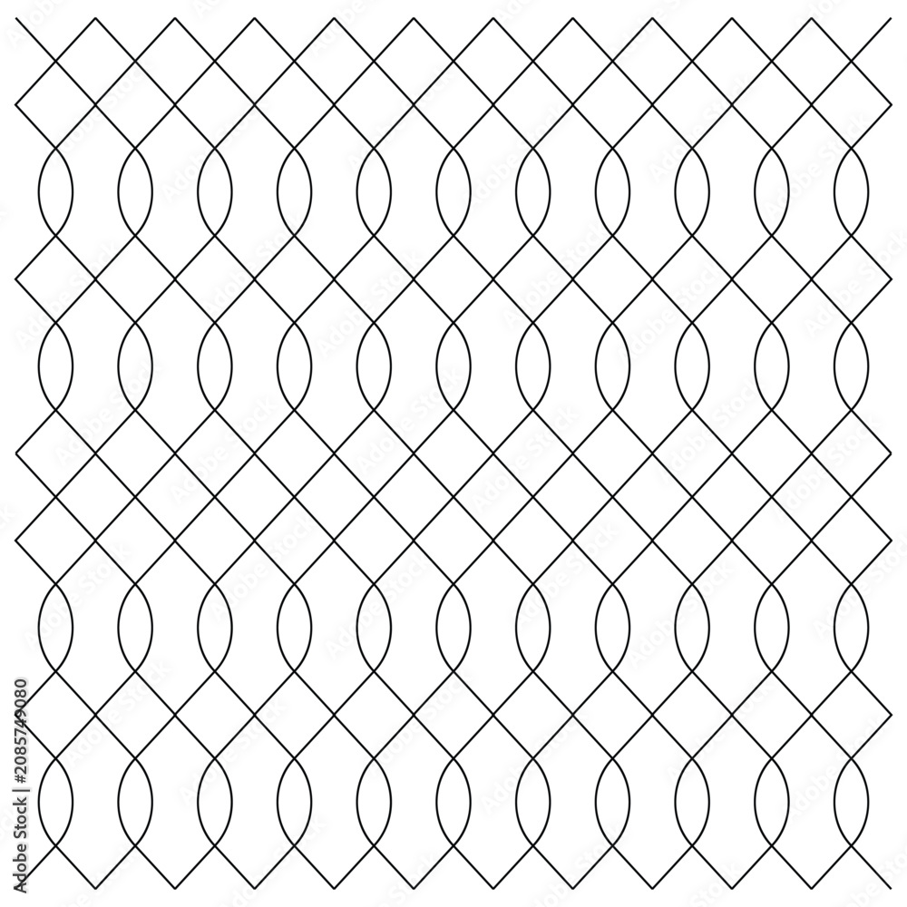 Fototapeta premium Black outline wavy diagonal geometric grid seamless pattern.