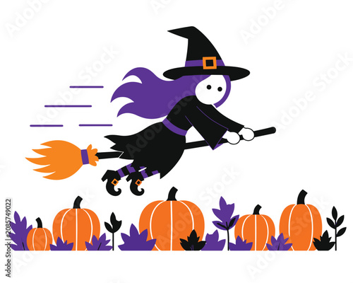 Cute witch flying on broomstick over pumpkin patch, halloween flat vector design