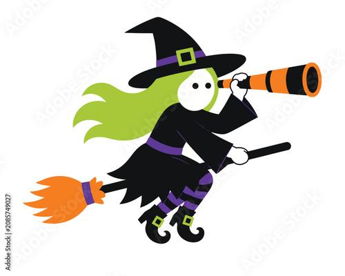Cute witch flying on broomstick and looking through spyglass, halloween flat vector