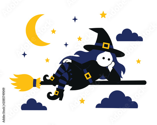 Cute cartoon witch character flying on a broomstick in the night sky with moon star
