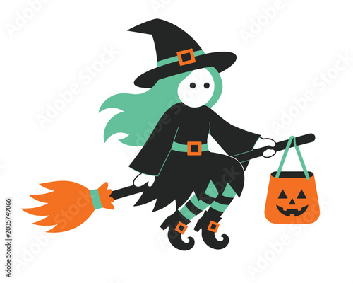 Happy witch holding orange halloween candy bucket flying on broomstick flat vector