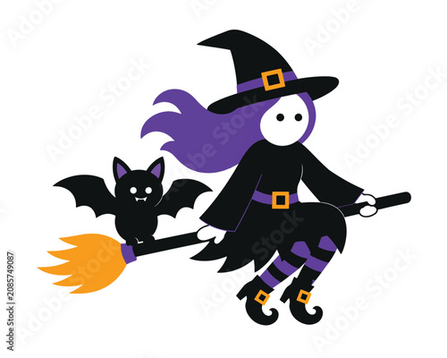 Spooky little witch with cute bat mascot companion flying on broomstick in heaven