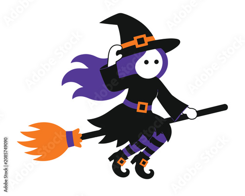 Funny young witch adjusting hat while flying on a broomstick for halloween season