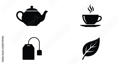 Foto Teapot teacup tea bag and leaf silhouettes on a white background