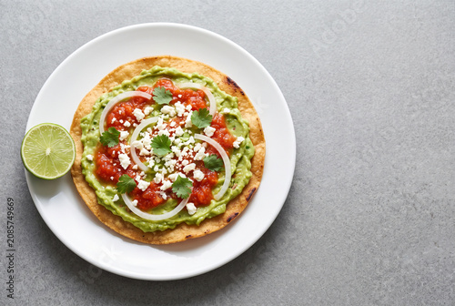 Guatemalan Tostada - Crispy Fried Tortilla with Guacamole and Salsa - With Copy Space