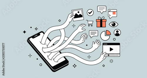 Smartphone multitasking vector illustration with hands managing digital content