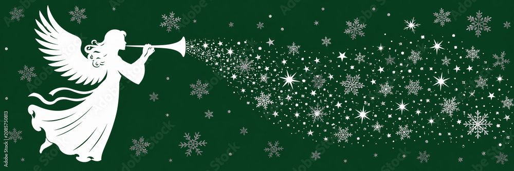 Obraz premium White angel blowing trumpet with snowflakes and stars on green background