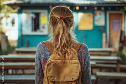 A woman with a backpack standing in front of a school bus