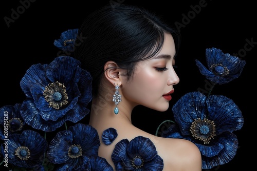 A woman with blue flowers in her hair and earrings