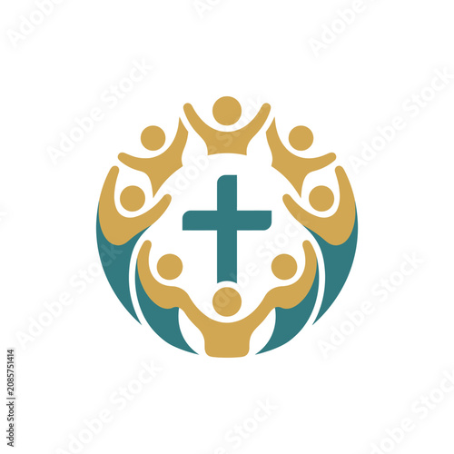 Religious community logo with people circling a cross.