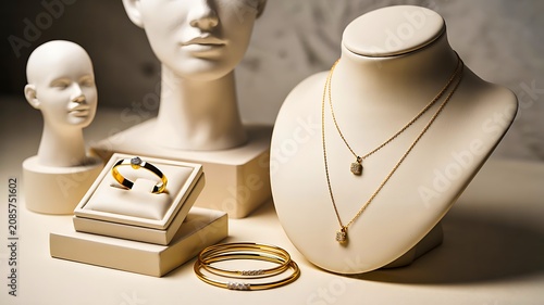 Elegant gold jewelry display with necklace bracelet ring and mannequin