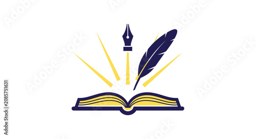 Schilderij op canvas Book remains open with a quill pen and ink nib hovering above the pages in a stylized graphic representation of literature