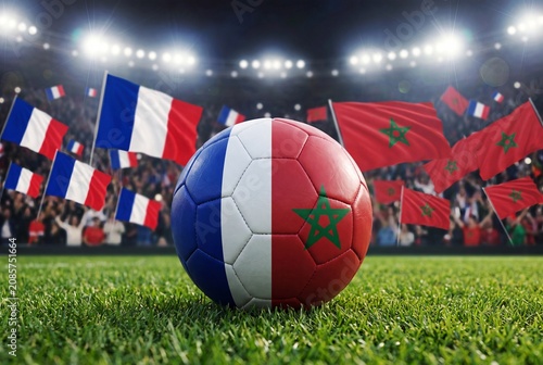France and Morocco football ball on stadium grass