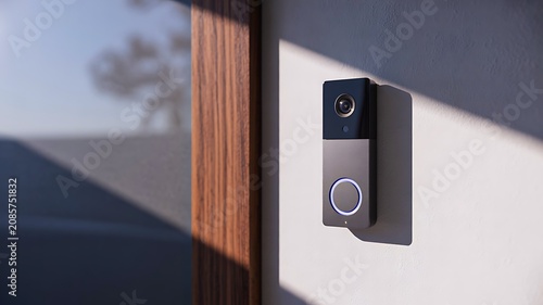 Modern smart video doorbell installed beside residential entrance